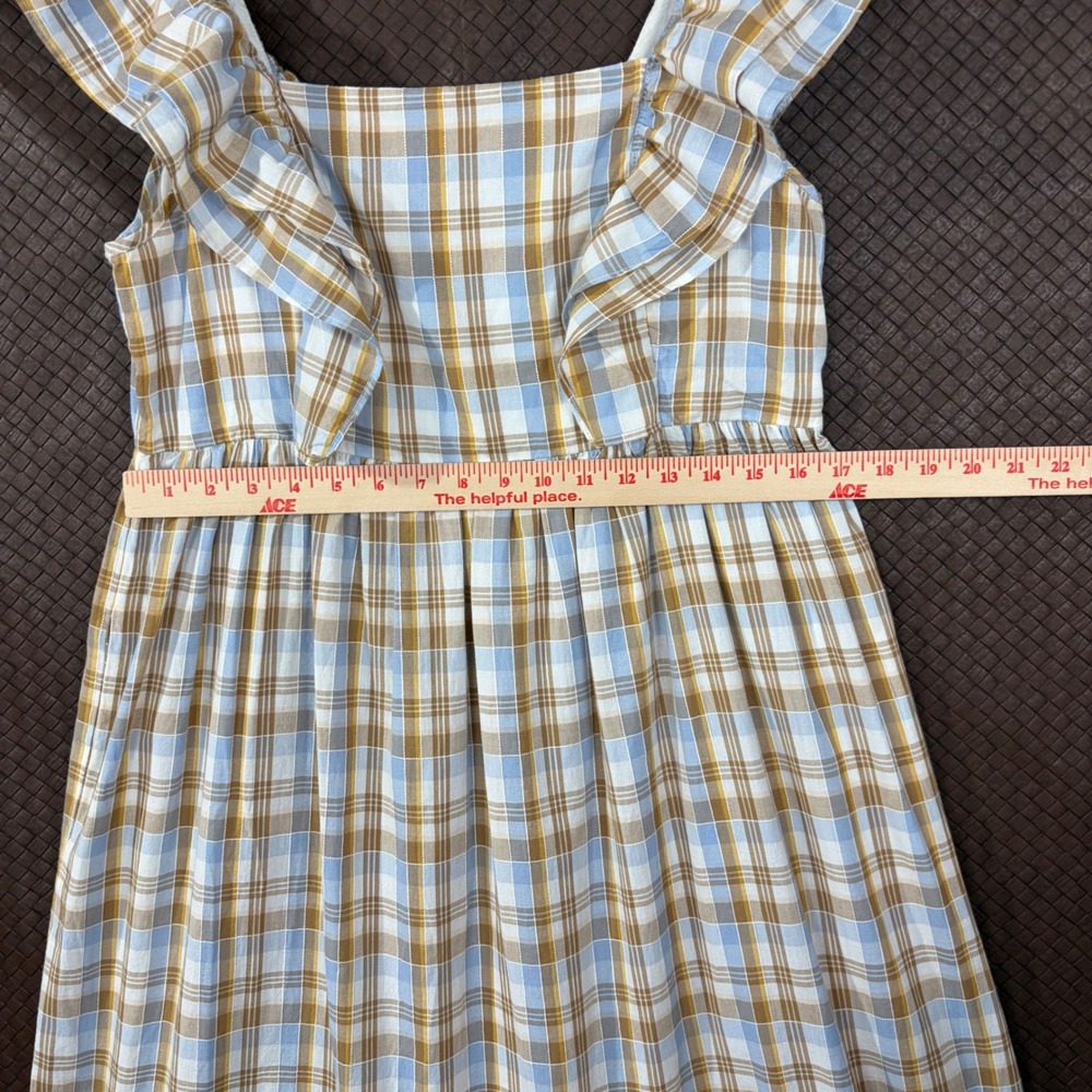 Madewell Plaid Ruffle Strap Smocked Midi Dress Blue Brown NF904 Size 10 - Picture 3 of 14